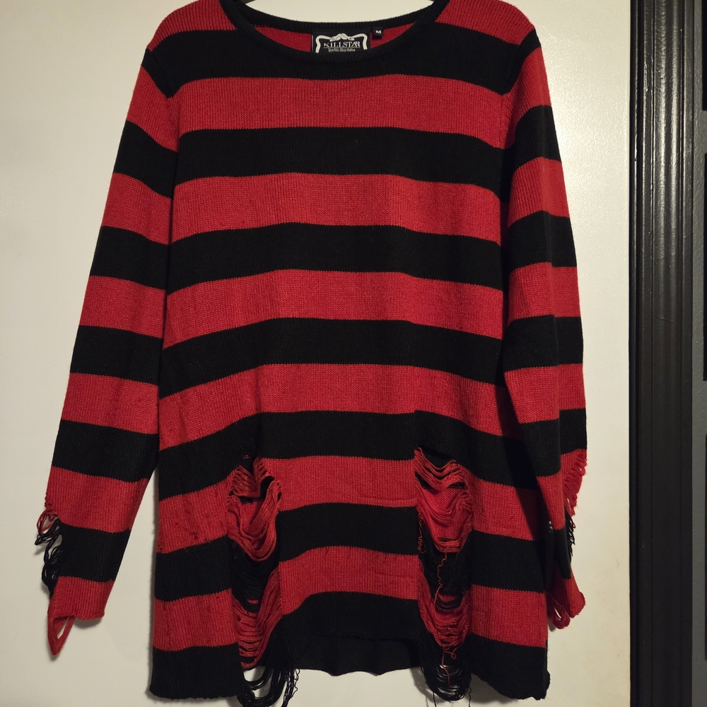 Killstar Krueger Knit Sweater Top Black Red Stripe - Picture 2 of 4